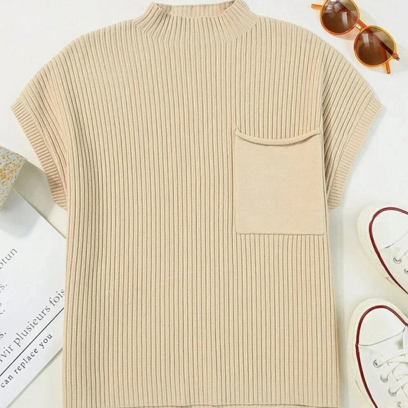 Beige Casual Women's Batwing Sleeve Knit Top With Buttoned Front - Picture 5 of 7